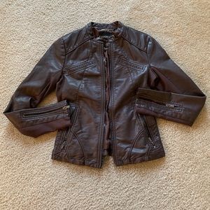 Dark brown faux leather bomber jacket